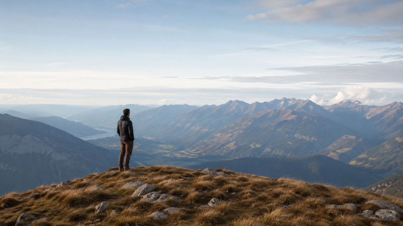 Person standing on a mountain ridge overlooking a vast alpine valley