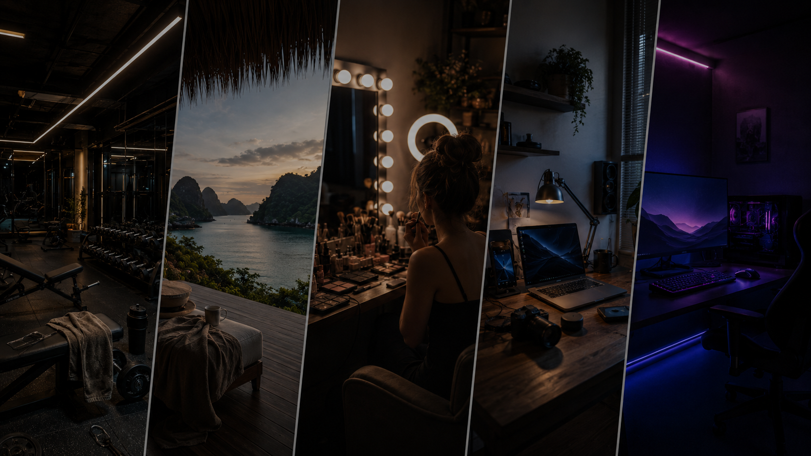 Collage of creator lifestyle scenes — gym, travel, beauty, home studio and gaming setup